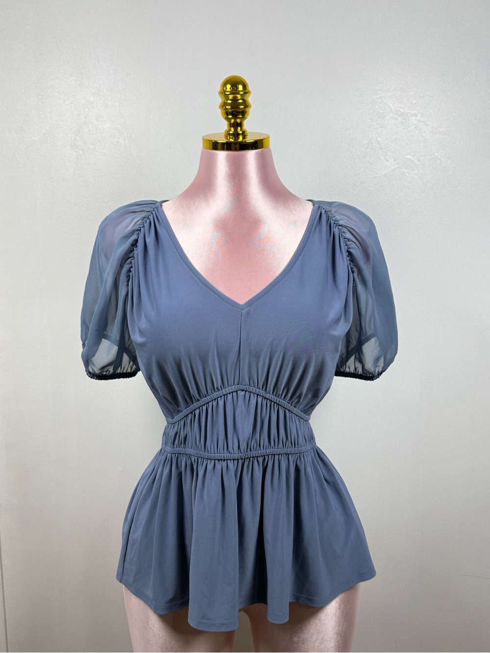 Ember Blue Peplum Top Women V Neck Sheer Puff Sleeve Size Small